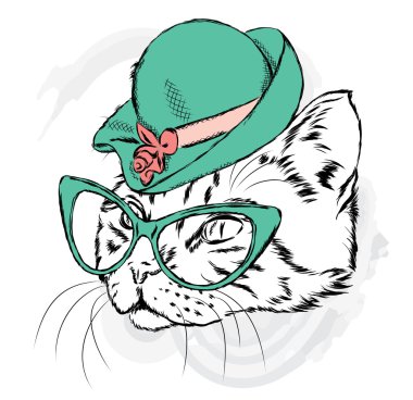 Kedi bir şapka ve güneş gözlüğü. Vektör çizim.