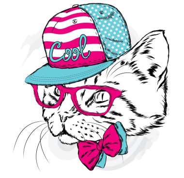 Kedi bir kap ve gözlük. Vektör çizim.