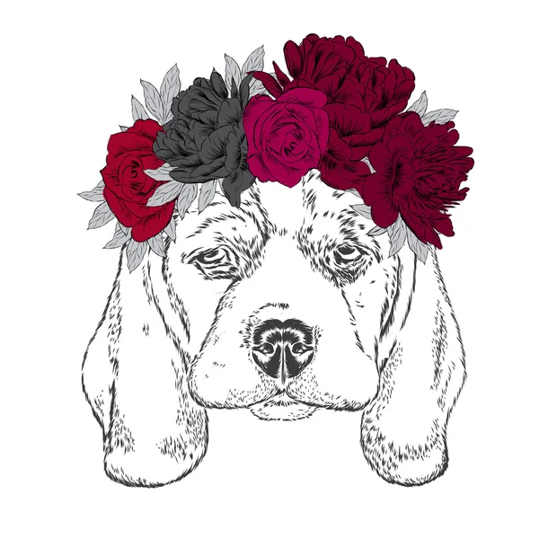 Roztomilé štěně v květinový věnec. Vektorové ilustrace. — Stockový vektor