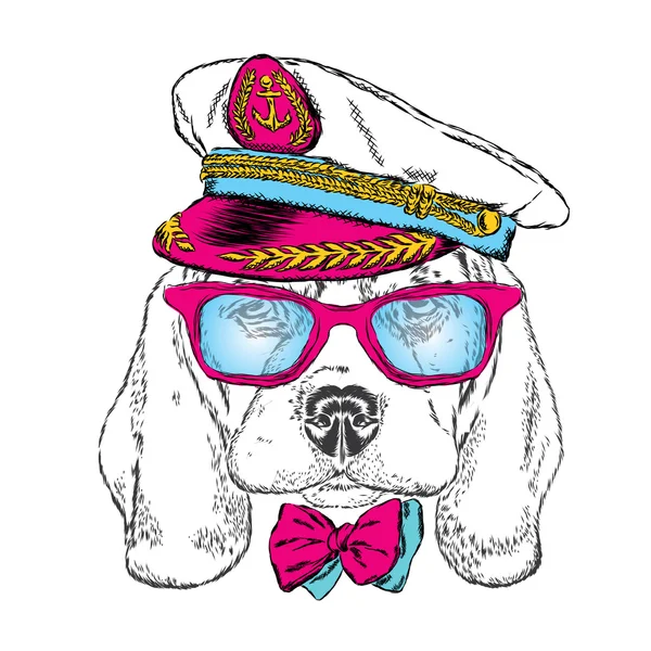Χαριτωμένο σκυλί στο καπέλο του καπετάνιου. Ναύτης. Απεικόνιση διανύσματος. Στοιχείο σχεδίασης για εκτυπωμένα προϊόντα ή εκτυπώσεις σε ρούχα και αξεσουάρ . — Διανυσματικό Αρχείο