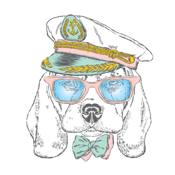 船長の帽子をかぶったかわいい犬。船員。ベクトルイラスト。衣類やアクセサリーの印刷物やプリントのデザイン要素 . — ストックベクタ