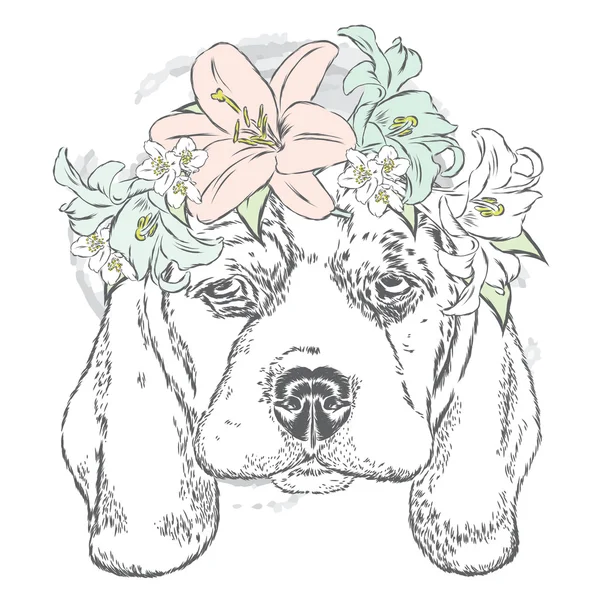 Niedlichen Hund in einem Kranz aus Rosen. Vektorillustration. — Stockvektor