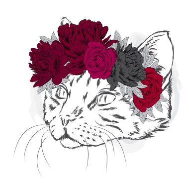 Çiçek çelenk içinde kedi. Vektör çizim.