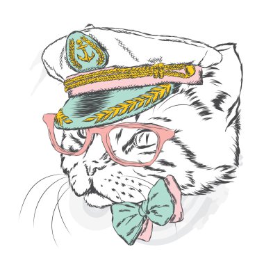Kaptan'ın Cap komik kedi. Vektör çizim.