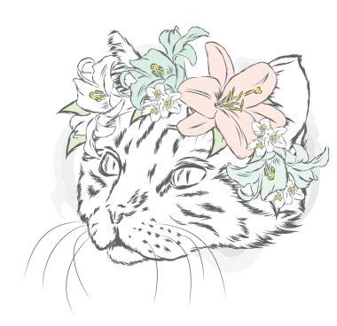 Çiçek çelenk içinde komik kedi. Vektör çizim.