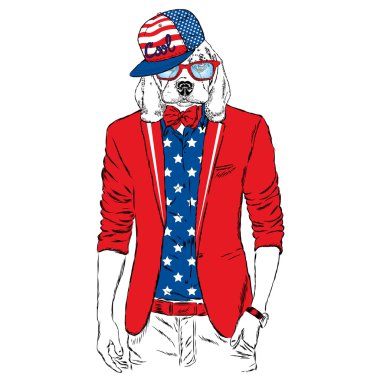 Moda giysiler insan vücudunda köpekle. Vektör çizim için tebrik kartı, poster ya da baskı dökmeyin. Moda ve stil. Hipster.