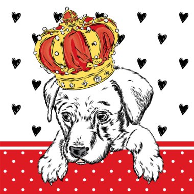 Taç takan sevimli köpek yavrusu. Tebrik kartı, poster veya giysilere baskı için vektör çizimi. Köpek kıyafetleri. Moda & Stil.