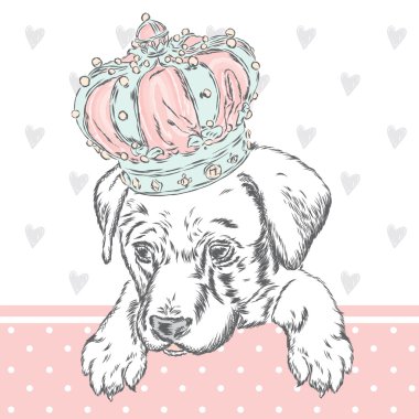 Taç takan sevimli köpek yavrusu. Tebrik kartı, poster veya giysilere baskı için vektör çizimi. Köpek kıyafetleri. Moda & Stil.
