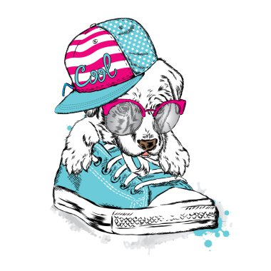Spor ayakkabılarında oturan sevimli köpek yavrusu. Tebrik kartı, poster veya giysilere baskı için vektör çizimi.