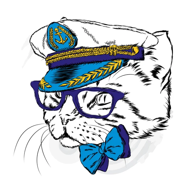 Grappige kat in de captain's cap. Vectorillustratie. — Stockvector