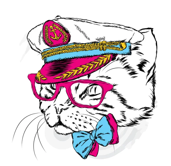 Un gatto buffo col cappello da capitano. Illustrazione vettoriale . — Vettoriale Stock