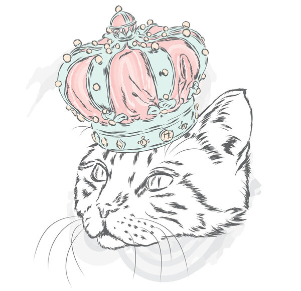 Funny cat in the crown. Vector illustration for a card or poster. Prints on the clothes or accessories.