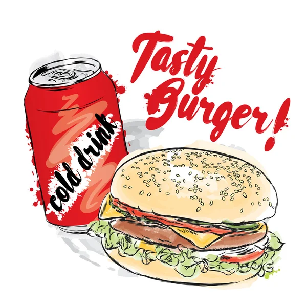 おいしいハンバーガーと冷たい飲み物。ベクトルイラスト. — ストックベクタ