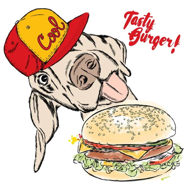 Hambúrguer saboroso e um cão divertido. Ilustração vetorial . — Vetor de Stock
