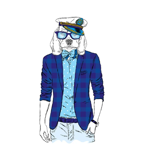 De hond met het menselijk lichaam in modieuze kleding. Vectorillustratie voor wenskaart, poster of afdrukken op kleren. Fashion & stijl. Hipster. — Stockvector