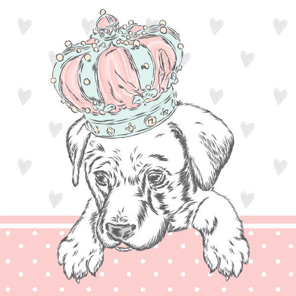 Cute puppy wearing a crown. Vector illustration for greeting card, poster, or print on clothes. Dog clothing. Fashion & Style.