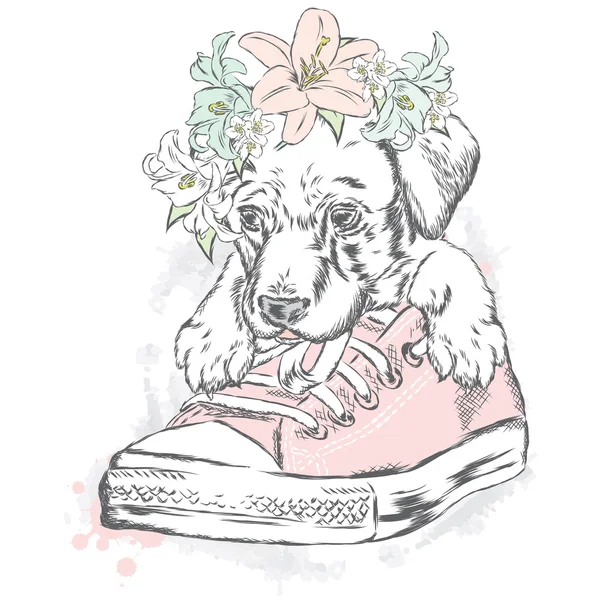 Милий щеня сидить у спортивному взутті. Векторні ілюстрації для вітальної листівки, плаката або друку на одязі . — стоковий вектор