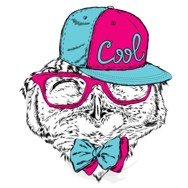 Komik baykuş gözlükleri, kravat ve şapka. Bir kart veya poster için vektör çizimi. Giysi ve aksesuarlar üzerine baskı. Elle boyanmış kuş.