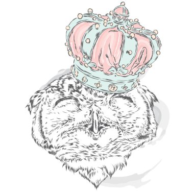 Bir taç giyen komik baykuş. Vektör çizim için tebrik kartı, poster ya da baskı dökmeyin. Hippi. Kuş giyim. Moda ve stil.