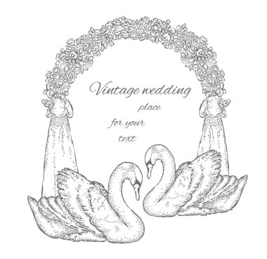 Kuğu düğün arch yakınındaki bir çift. Bir kartı veya poster için vektör çizim. Düğün.