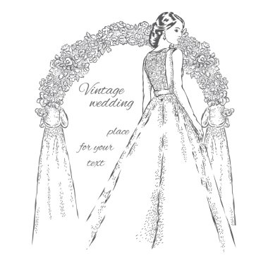 Güzel gelin düğün arch yakınındaki. Bir kartı veya poster için vektör çizim. Düğün. Bir gelinlik güzel kız.