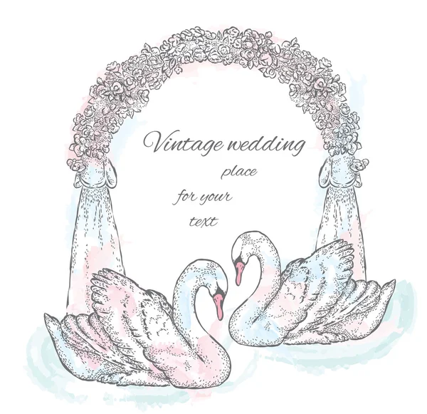 Пара лебедей возле свадебной арки. Векторная иллюстрация для открытки или плаката. Свадьба . — стоковый вектор