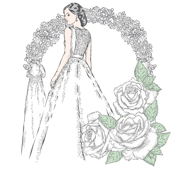 Hermosa novia cerca del arco de la boda y hermosas rosas. Ilustración vectorial para una tarjeta o póster. Boda. Hermosa chica en un vestido de novia . — Vector de stock