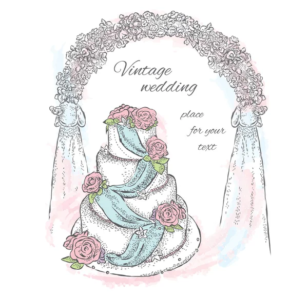 Krásný svatební dort poblíž oblouku. Vektorové ilustrace pro kartu nebo plakát. Svatba. — Stockový vektor