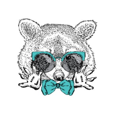 Şirin Rakun gözlük ve kravat. Vektör çizim için tebrik kartı, poster ya da baskı dökmeyin. Moda ve stil.