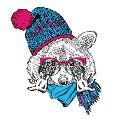 Komik Rakun şapka, eşarp ve gözlük. Bir kartı veya poster, elbiselere yazdırma için vektör çizim.