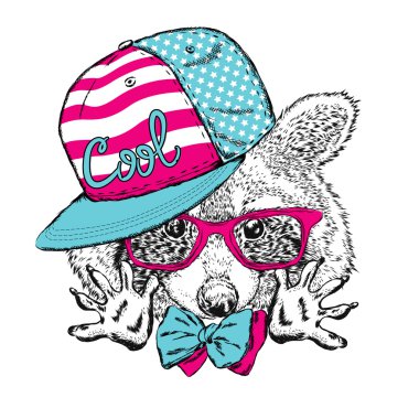 Rakun şapkası ve bir kravat. Hippi. Vektör çizim için tebrik kartı, poster, baskı, ya da giyim üzerine.