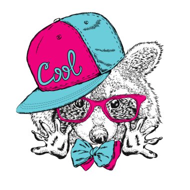 Rakun şapkası ve bir kravat. Hippi. Vektör çizim için tebrik kartı, poster, baskı, ya da giyim üzerine.