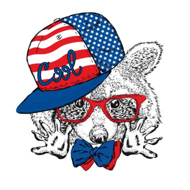 Rakun şapkası ve bir kravat. Hippi. Vektör çizim için tebrik kartı, poster, baskı, ya da giyim üzerine.