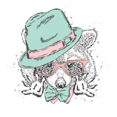 Şapka ve güneş gözlüğü ile şirin Rakun. Hayvan giyim. Hipster.