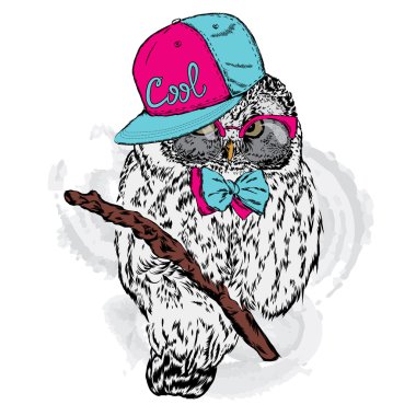 Şirin baykuş bir şapka ve güneş gözlüğü. Bir kartı veya poster için vektör çizim. Hippi. El çizimleri topluluğu.