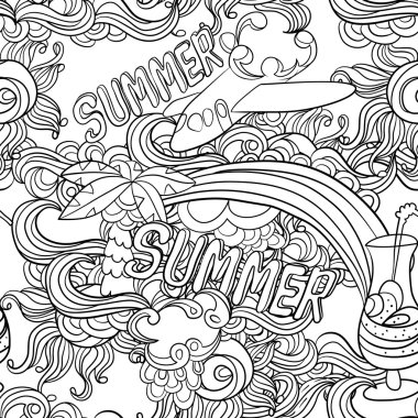 Bir yaz teması vektör illüstrasyon. Doodles. Tasarım öğeleri. Dikişsiz desen,