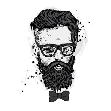 Bir sakallı şık adam. Uzun saçlı ve gözlüklü adam. Bir kartı veya poster için vektör çizim. Kıyafetlere yazdırın. Berber Dükkanı. Hipster.