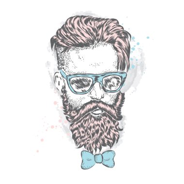 Bir sakallı şık adam. Uzun saçlı ve gözlüklü adam. Bir kartı veya poster için vektör çizim. Kıyafetlere yazdırın. Berber Dükkanı. Hipster.