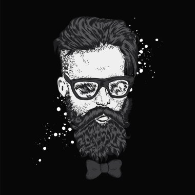 Bir sakallı şık adam. Uzun saçlı ve gözlüklü adam. Bir kartı veya poster için vektör çizim. Kıyafetlere yazdırın. Berber Dükkanı. Hipster.