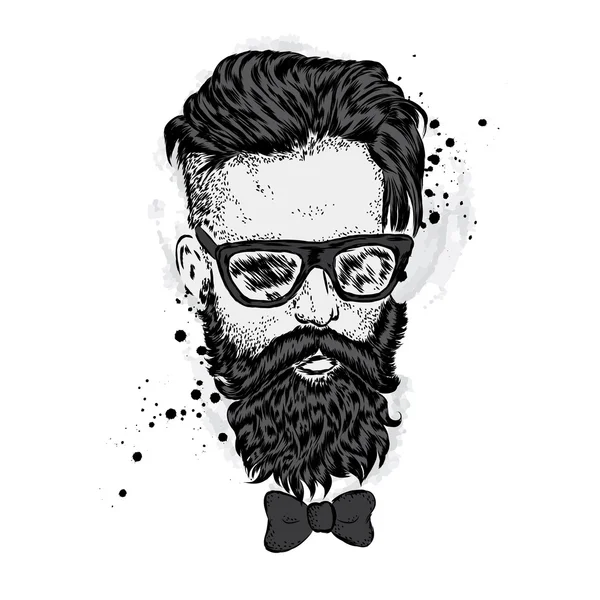 Elegancki mężczyzna z brodą. Człowiek z długie włosy i okulary. Ilustracja wektorowa karty lub plakat. Drukowanie na ubraniach. Fryzjera. Hipster. — Wektor stockowy