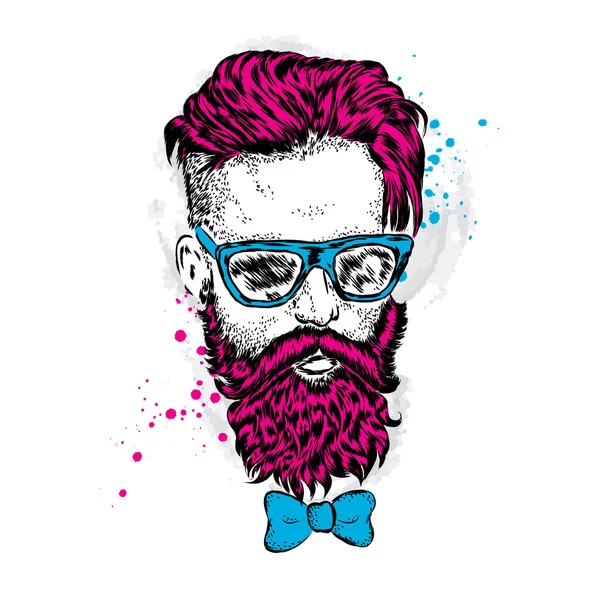 Bir sakallı şık adam. Uzun saçlı ve gözlüklü adam. Bir kartı veya poster için vektör çizim. Kıyafetlere yazdırın. Berber Dükkanı. Hipster.