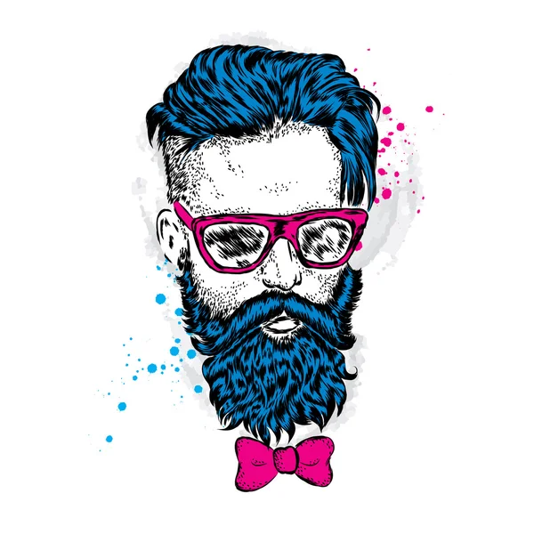 Bir sakallı şık adam. Uzun saçlı ve gözlüklü adam. Bir kartı veya poster için vektör çizim. Kıyafetlere yazdırın. Berber Dükkanı. Hipster.