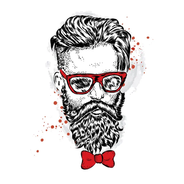 Bir sakallı şık adam. Uzun saçlı ve gözlüklü adam. Bir kartı veya poster için vektör çizim. Kıyafetlere yazdırın. Berber Dükkanı. Hipster.