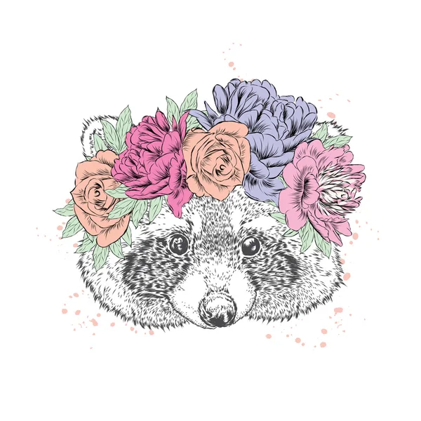 浣熊在一个花圈。打印。花. — 图库矢量图片