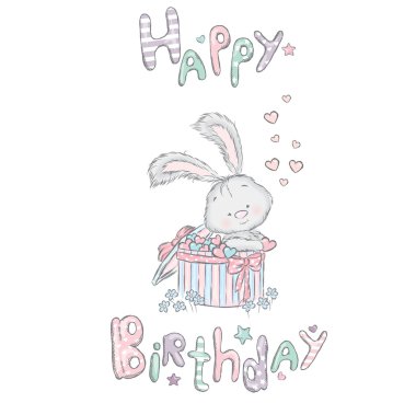Sevimli tavşan kutusunda. Doğum günü hediyesi. Bir kartı veya poster için vektör çizim. Kıyafetlere yazdırma.