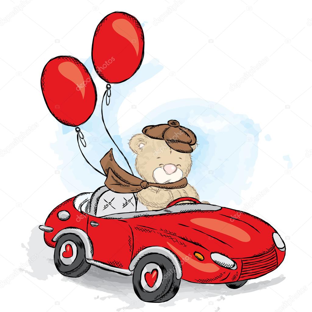 Cute teddy bear in a convertible. Vector illustration for a card or poster, print on clothes. Charming teddy bear in the car. Vintage.