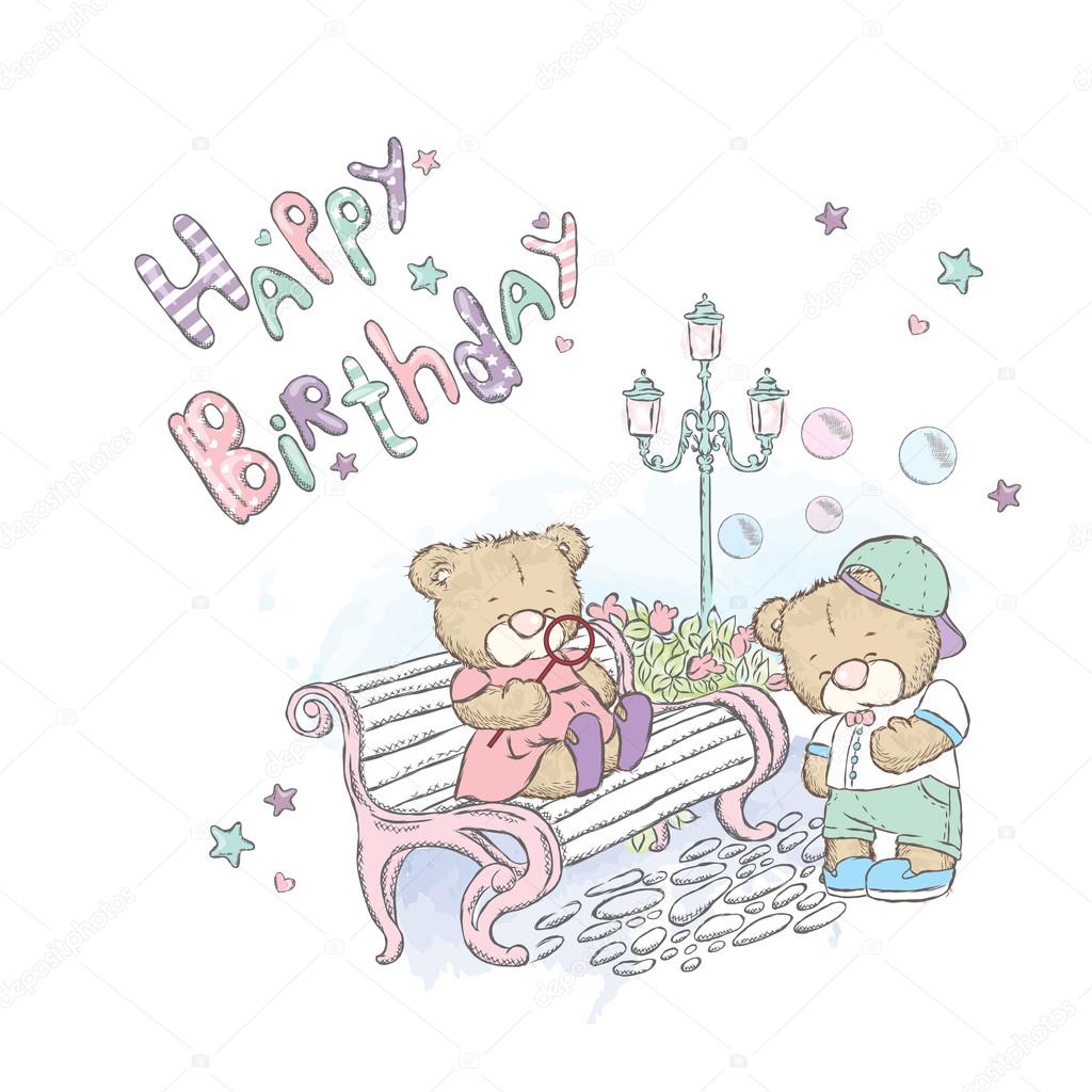 Cute teddy bears in the park. Bears with soap bubbles near the benches and lamp. Friendship and love. Rendezvous in the Park. Vector illustration for a card or poster. Print on clothes. Lettering.