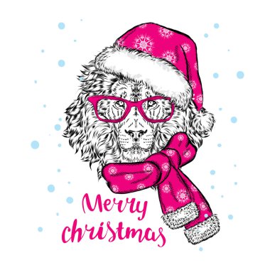 Güzel aslan bir Noel şapka, eşarp ve gözlük. Vektör çizim için tebrik kartı, poster ya da baskı dökmeyin. Noel ve yeni yıl.