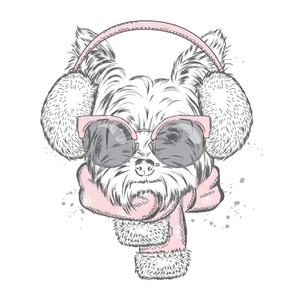 Cachorrinho bonito em auriculares e um lenço. Ilustração vetorial para um cartão ou cartaz. Imprimir na roupa. Bonito cão. Ano Novo e Natal. Inverno. Roupas quentes . — Vetor de Stock
