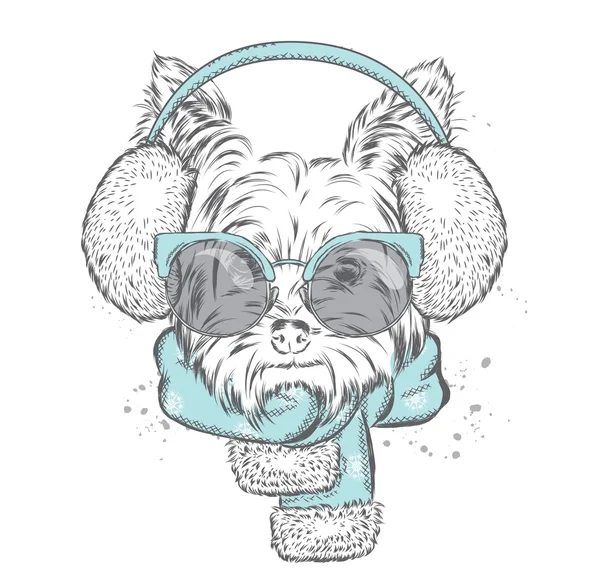Lindo cachorro en orejeras y una bufanda. Ilustración vectorial para una tarjeta o póster. Impresión en la ropa. Hermoso perro. Año Nuevo y Navidad. El invierno. Ropa de abrigo . — Vector de stock